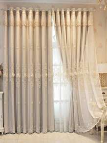 1pc New Embroidered Sheer Curtains, Double-Layered, Suitable For Living Room And Bedroom, Simple Country Style Drape For Bay Window