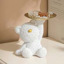 Modern And Simple Creative Resin Bear With Rose Tray For Jewelry And Cosmetics Storage, Home Room Decoration, Earrings And Rings Display Tray - White - View 1