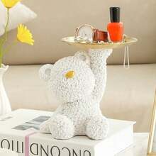 Modern And Simple Creative Resin Bear With Rose Tray For Jewelry And Cosmetics Storage, Home Room Decoration, Earrings And Rings Display Tray - White - View 5