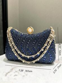 HCBCBY Elegant Women Clutch Bag Evening Bag In Blue With Rhinestone Decoration, Suitable For Banquets, Weddings, Parties, Formal Occasions, Stylish Handheld Bag, Versatile Dance Party Dress Bag, Cross-Body Metal-Inlaid Rhinestone Chain Bag, Handbag, Bridal Bag - Navy Blue - View 3