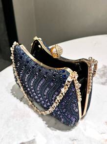 HCBCBY Elegant Women Clutch Bag Evening Bag In Blue With Rhinestone Decoration, Suitable For Banquets, Weddings, Parties, Formal Occasions, Stylish Handheld Bag, Versatile Dance Party Dress Bag, Cross-Body Metal-Inlaid Rhinestone Chain Bag, Handbag, Bridal Bag - Navy Blue - View 10