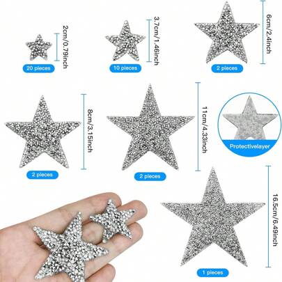 37pcs 6 Sizes Star Iron On Patches And Star Rhinestone Stickers, Star Shapes Iron On Patches And Adhesive Stickers, Glitter Repair Patch For Clothes Bags Pants Shoes Phone DIY Decoration, Accessories (Silver Star) Glued Star Shape Rhinestone Iron On Adhesive Flash Repair Patch For Clothing Bag Pants Shoes Phone Decorating Accessories, 5-Pointed Star Rhinestone Heat Transfer DIY Design Hot Melt Adhesive Web Patch For Hat Shoes Box Clothing Material