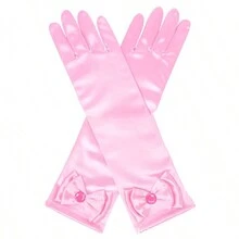 一套蝴蝶结细节蝴蝶结蕾丝手套 - 纯色半透明透气手套，风格优雅，适合新娘女孩！ - 粉色 - 查看 2