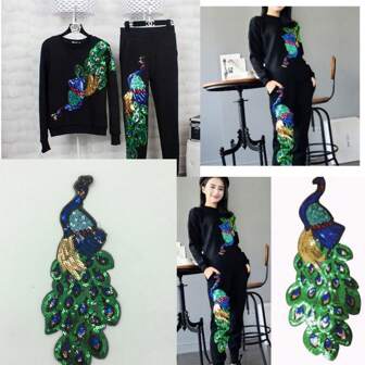 1入組亮閃閃的亮片刺繡孔雀紋補丁，服裝裝飾補丁