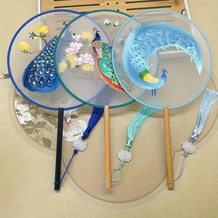 扇子 中国 螺鈿細工 古い 刺繍 孔雀 桜 シノワズリ ブラック
