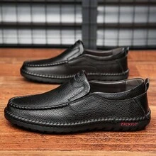 男士真皮手縫休閒鞋紳士商務正式鞋皮革柔軟，耐用且時尚，適合全年使用 - 黑色 - 查看 1