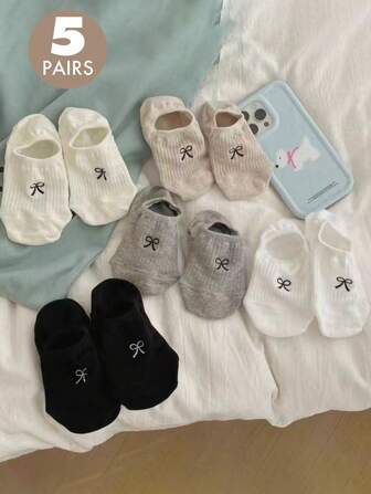 5 par/pack Vacker rosettdetalj rosett Andas svettabsorberande halkfria och mångsidiga damstrumpor, osynliga lågvampiga båtstrumpor, enfärgade strumpor i svart och vitt