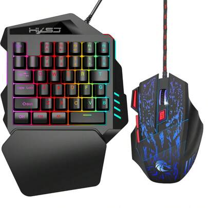 Hxsj Gaming Single Hand Keyboard And Mouse Combo Set, 35 Keys Two-color Injection Keycaps, Colorful Backlight, USB Plug And Play Optical Mouse Combination, Suitable For Gaming