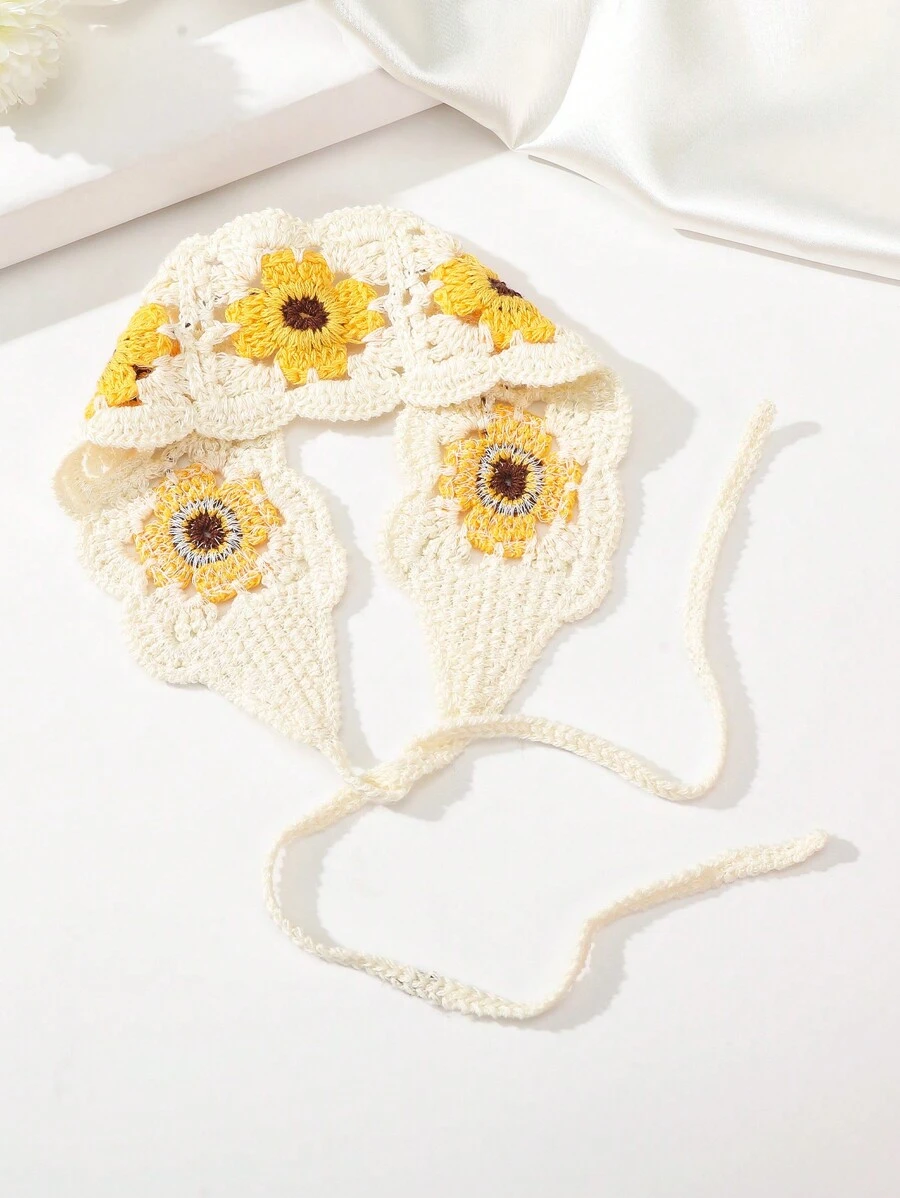 1件花朵镂空针织发带波西米亚风发带头巾发箍吸汗带，适合上学、大学、秋冬季节，是女士度假装扮的优雅围巾，柔软舒适，可作头巾或头饰。 - 米色 - 查看 1