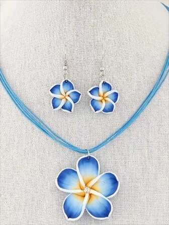 3pcs Fashionable Sweet & Elegant Soft Clay Flower Wax Cord Necklace & Earrings Set, Suitable For Women Daily Wear Valentines,Mom,Mother,Mother's Day,Gift