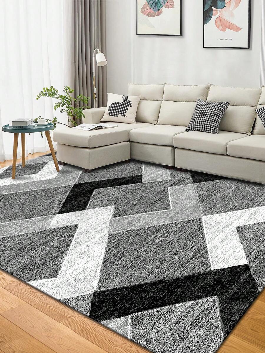 A Geometric Pattern Carpet With Black, White And Grey Prints, Made Of Polyester Fiber, Easy To Clean And Wash, Suitable For Living Room, Hallway, Bedroom, Office, Kitchen, Farmhouse Home Decor. ,Room Decor - Multicolor - View 1