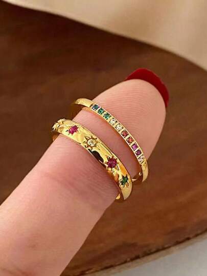 2pcs Minimalist Elegant Metal Plain Rings With Star & Moon Colorful Cubic Zirconia, Valentine's Day Couples Accessories, Everyday Wear