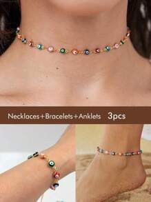 2pcs/Set Choice Of All Evil Eye Choker Necklace And Bracelet Set For Women Blue Evil Eye Bracelets For Girls,Stainless Steel With 18k Gold Plating