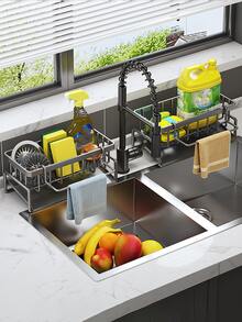 1 pieza Con soporte para trapos, soporte de plástico para drenaje de fregadero de cocina, soporte para drenaje de esponja, para recolección de suministros de limpieza de cocina y baño. - Gris - Ver 3