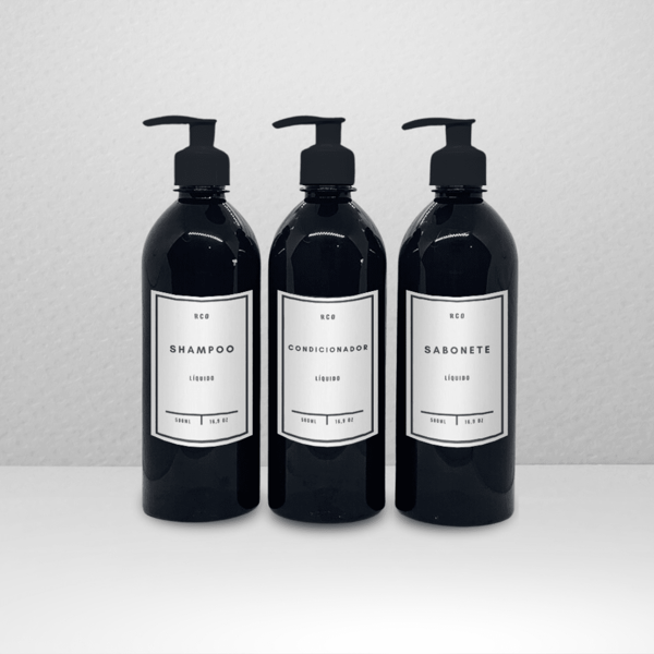 Kit 3 Frascos Banho 500ml Preto Com Pump Saboneteira E Rótulos Adesivos Shampoo Condicionador e Sabonete Dispenser