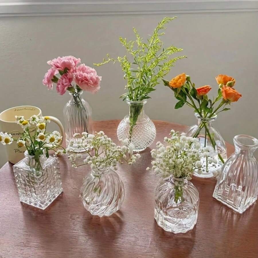 hanyial 7件套小花瓶套裝，小型透明玻璃花瓶批發，迷你花瓶，中心花瓶，有溝槽花瓶套裝 - 無色 - 查看 1