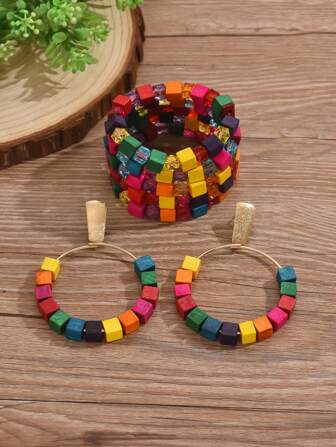 7pcs Summer Boho Elegant Casual Colorful Wood Cube Women Jewelry Sets,5pcs Casual Versatile Exquisite Beaded Bracelets&1pair Dangle Earrings,For Women&Teen Girls Daily Decoration,Summer Vacation Travel,Beach Party,Music Festivals