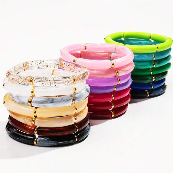 1 Set Of 3 Fashionable Bohemian Style Acrylic Colorful Curved Tubes Stretch Bracelets, Suitable For Women To Wear On Daily Basis