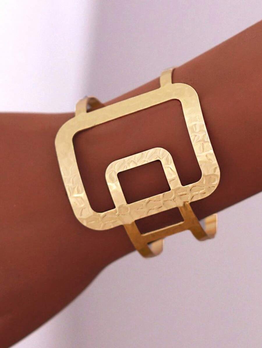 1入組時尚紋理質感幾何裝飾開口手鐲適合女士日常裝飾 - 金黃色 - 查看 1