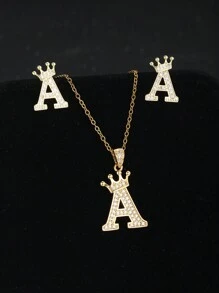 1pc Crown Initial Letter Necklace & 1 Pair Sud Earrings Copper Jewelry Set  Suitable For Children Fashion Party Accessory For Boys Girls Birthday Gift For Daily Life - Yellow Gold - View 1