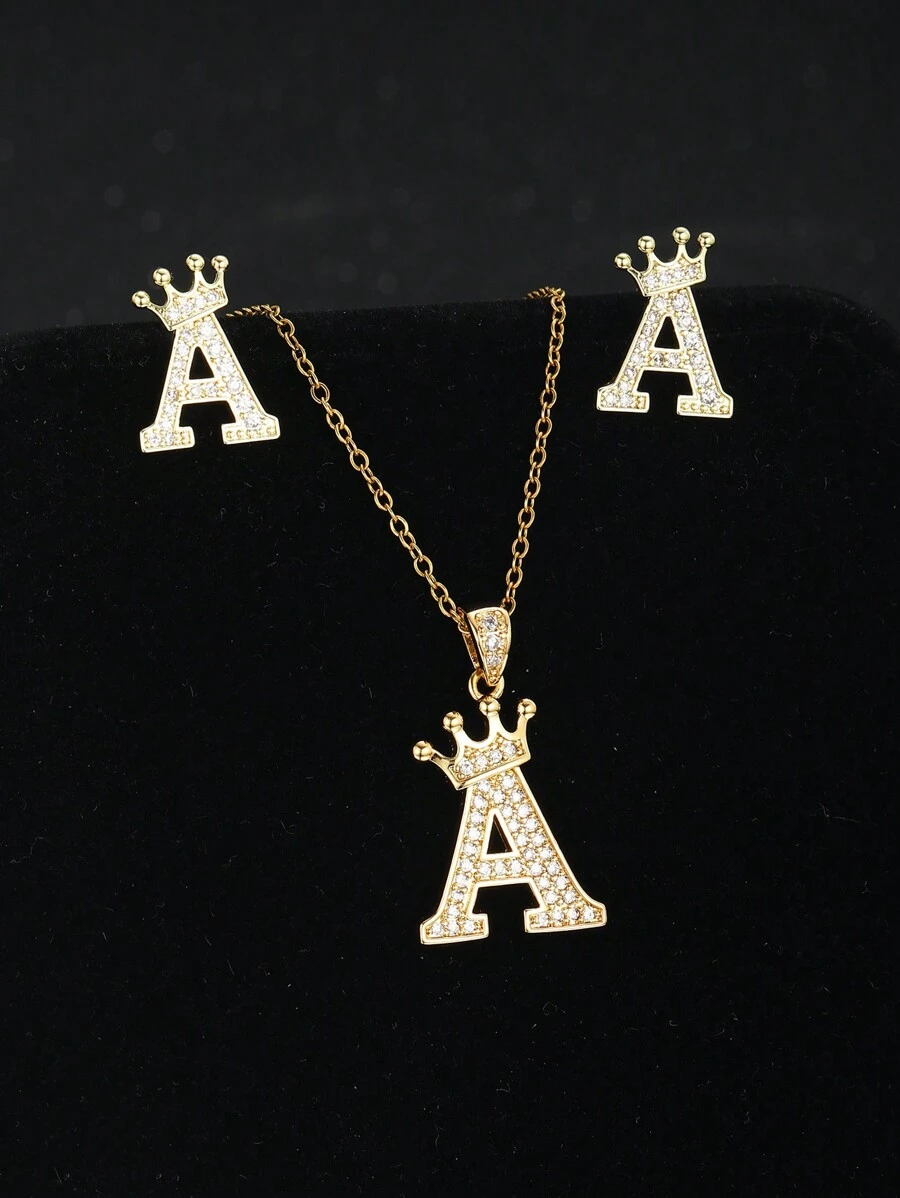 1pc Crown Initial Letter Necklace & 1 Pair Sud Earrings Copper Jewelry Set  Suitable For Children Fashion Party Accessory For Boys Girls Birthday Gift For Daily Life - Yellow Gold - View 1