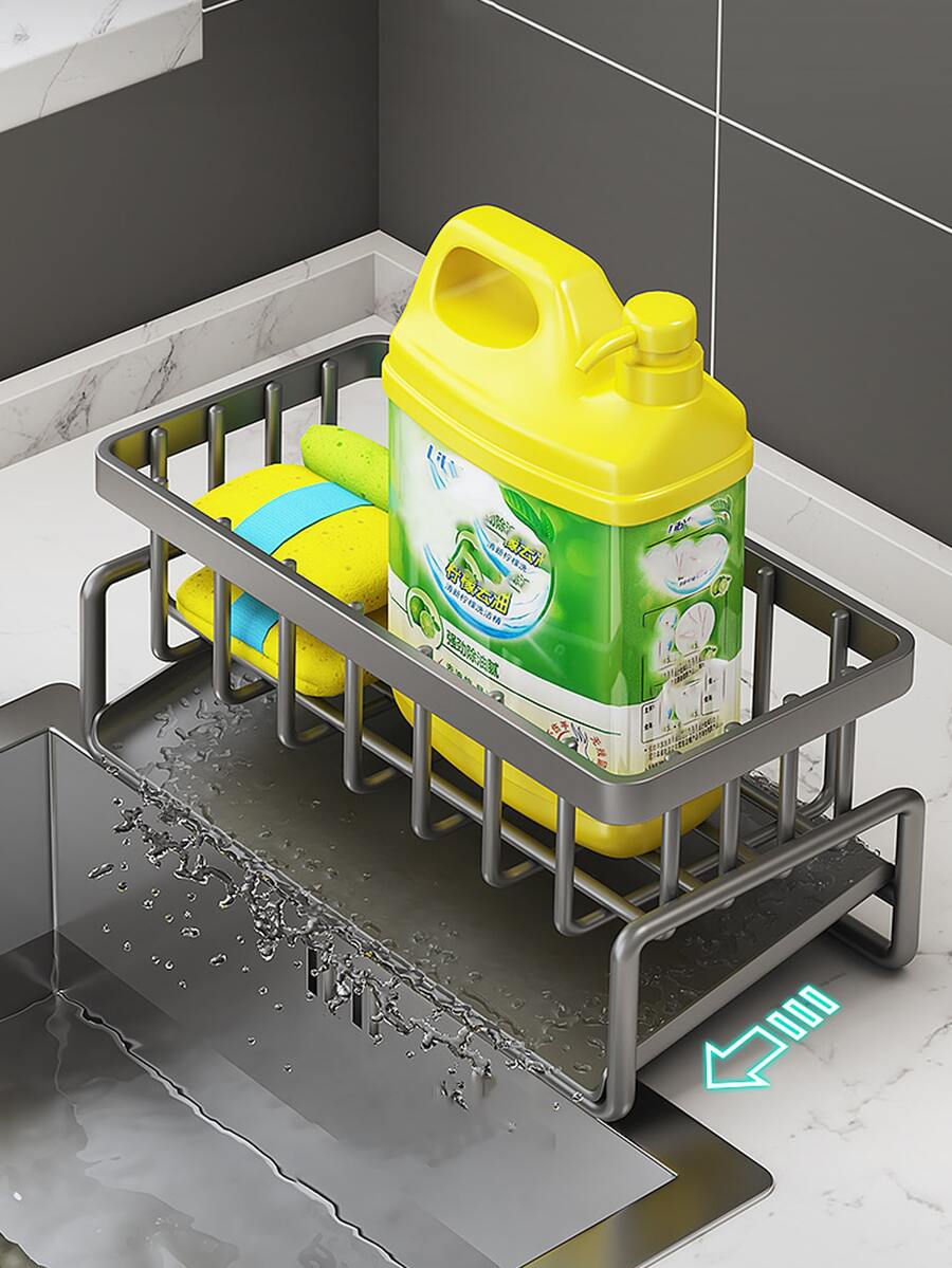 1 pieza Con soporte para trapos, soporte de plástico para drenaje de fregadero de cocina, soporte para drenaje de esponja, para recolección de suministros de limpieza de cocina y baño. - Gris - Ver 1