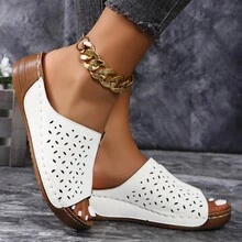 跨境2024新款加大尺碼空心高跟厚底平底涼鞋，歐美女士斜跨設計 - 白色 - 查看 4