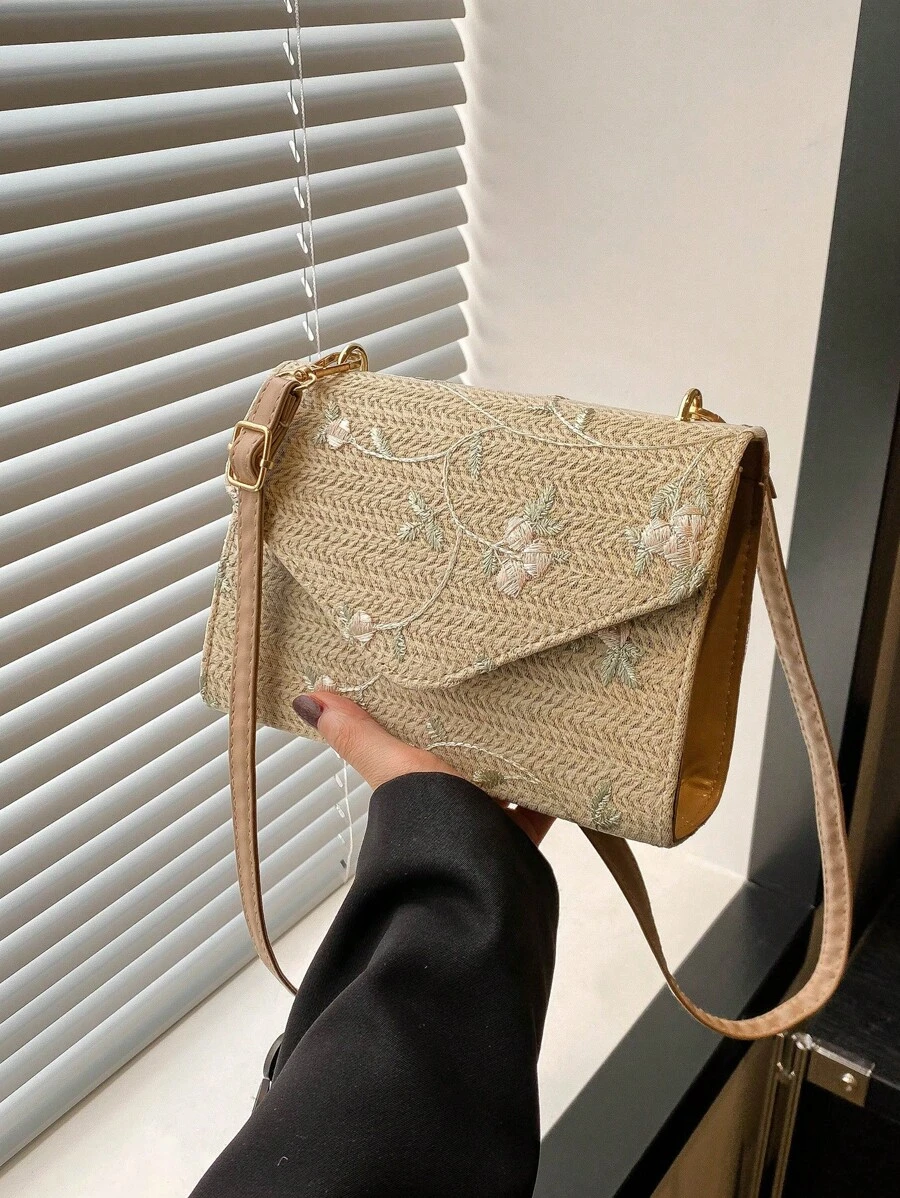 Fashionable Splicing Woven And Embroidered Flip Small Square Bag Mini Crossbody Bag - Khaki - View 1