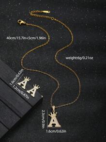 1pc Crown Initial Letter Necklace & 1 Pair Sud Earrings Copper Jewelry Set  Suitable For Children Fashion Party Accessory For Boys Girls Birthday Gift For Daily Life - Yellow Gold - View 7