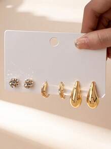 3 Pairs European And American Popular Exquisite And Simple Asymmetric Geometric Design Gold-Plated Metal Spiral Teardrop-Shaped Small C-Shaped Earrings With Inlaid Rhinestones Decoration, Suitable For Women To Wear On Daily And Festival Occasions, At Work, As Gifts, Or As Jewelry Accessories - Multiple Sets Of Earrings - View 5