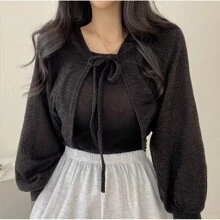 1 件百搭时尚防晒衣空调衬衫泡泡袖系带短款轻便披肩宽松长袖轻便外套女士沙滩比基尼开衫 T 恤夹克女式配饰 - 彩色 - 查看 9