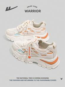WARRIOR 1 par de zapatillas deportivas para mujer con estilo deportivo, parte superior de malla, diseño transpirable, patrón de bloques de color, cierre frontal de cordones, corte bajo y suela plana - Beis - Ver 3