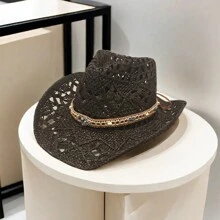 1 件男女款宽边编织草编牛仔帽，西部牛仔帽，手工太阳帽 - 鏤空手工遮陽帽 - 查看 3