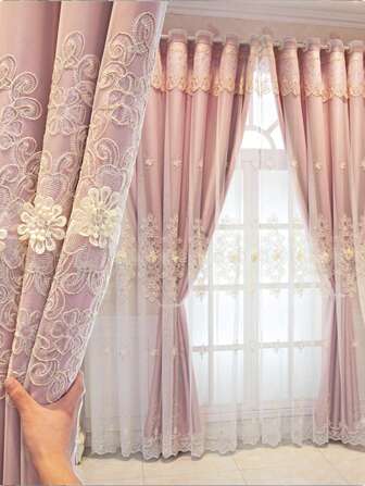 1 pieza Nueva Cortina Bordada Floral Translúcida de Doble Capa Para Tratamiento de Ventana en Sala de Estar o Dormitorio con Estilo Campestre y Cortina Sencilla de Tela Fina