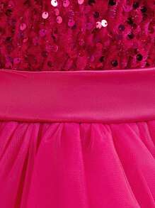 Vestido de princesa de tul de malla con lentejuelas para niñas, adecuado para niña de las flores, fiesta y elegante, sin diadema - Rosa Fucsia - Ver 6