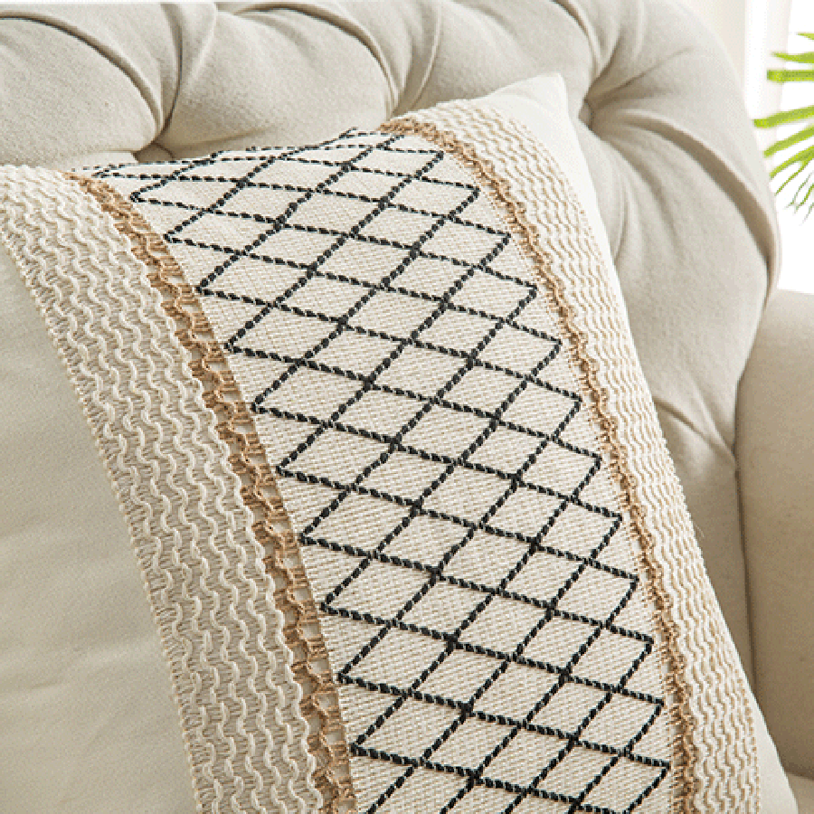 1 件波西米亚亚麻方形枕套，装饰性腰枕套，柔软舒适的汽车靠垫套，用于床上用品家庭卧室客厅沙发装饰枕套，18*18 英寸（仅枕套） - 卡其網格 - 查看 9