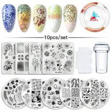 Bộ 10 tấm dập nghệ thuật làm móng tay bằng silicon, cọ in, dụng cụ đánh bóng móng tay, dụng cụ làm móng tự làm - Nhiều màu - Xem 2