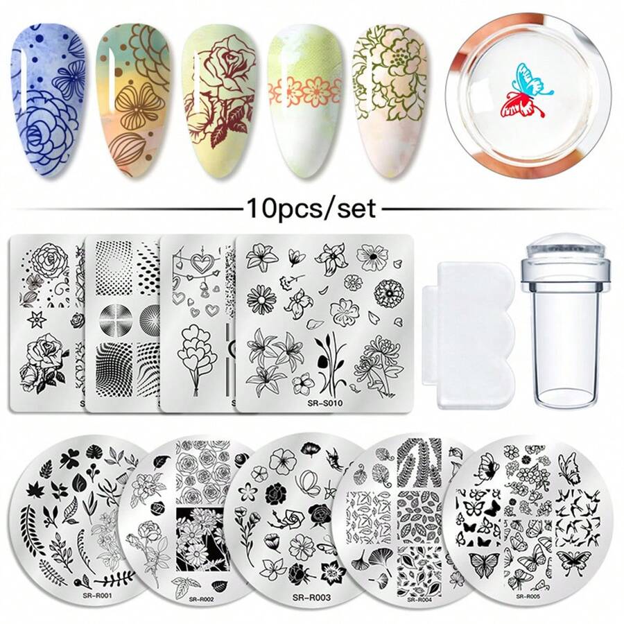 Bộ 10 tấm dập nghệ thuật làm móng tay bằng silicon, cọ in, dụng cụ đánh bóng móng tay, dụng cụ làm móng tự làm