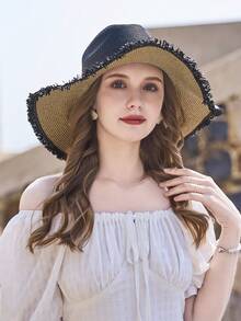 女式一個帶大邊和蝴蝶結的遮陽帽，可折疊遮陽帽適用於戶外活動 - 黑色 - 查看 2