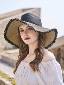 女式一個帶大邊和蝴蝶結的遮陽帽，可折疊遮陽帽適用於戶外活動 - 黑色 - 查看 4