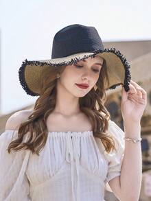 女式一個帶大邊和蝴蝶結的遮陽帽，可折疊遮陽帽適用於戶外活動 - 黑色 - 查看 1