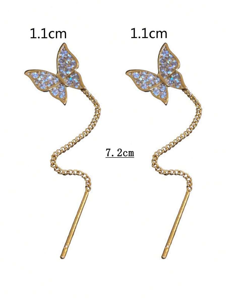 2pcs Korean Style Sweet & Cool Alloy Long Tassel & Rhinestone Butterfly
