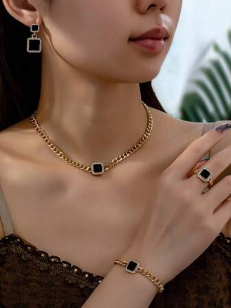 Fashionable And Elegant Enamel Rhinestone Inlaid Square Pendant Necklace, Bracelet, Earrings And Ring Set For Women, Suitable For Daily Wear And Parties