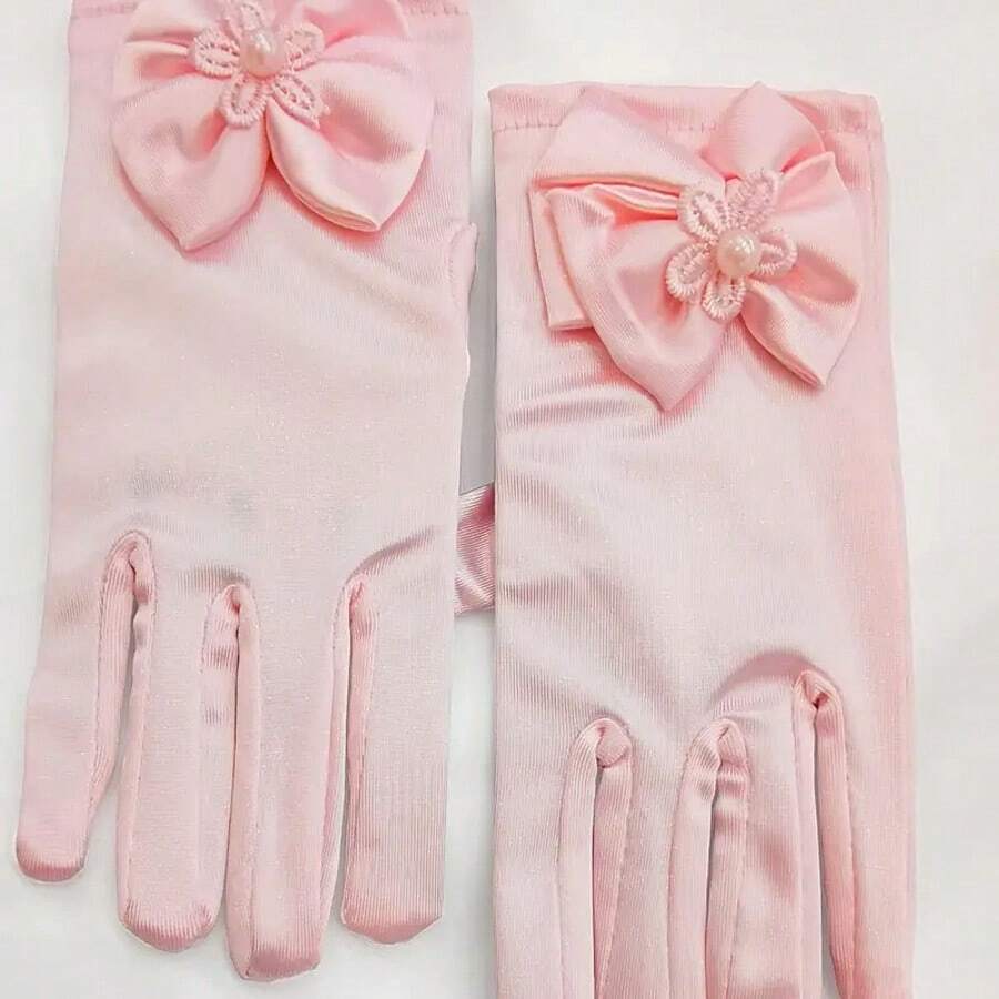 一套蝴蝶结细节蝴蝶结蕾丝手套 - 纯色半透明透气手套，风格优雅，适合新娘女孩！ - 粉色 - 查看 1