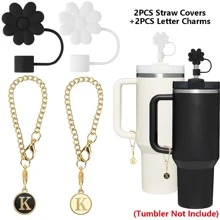 4PCS Personalized Accessories For  Cups,2PCS Initial Letter Charms With 2PCS Flower Straw Covers For  20-40OZ Tumbler With Handle, Silicone Straw Toppers Caps(Black&White)