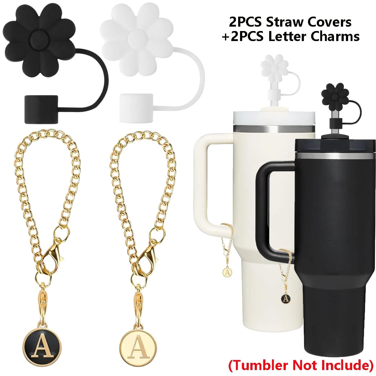 4PCS Personalized Accessories For  Cups,2PCS Initial Letter Charms With 2PCS Flower Straw Covers For  20-40OZ Tumbler With Handle, Silicone Straw Toppers Caps(Black&White)