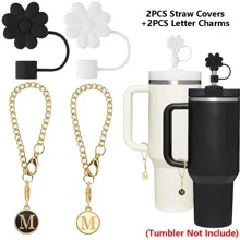 4PCS Personalized Accessories For  Cups,2PCS Initial Letter Charms With 2PCS Flower Straw Covers For  20-40OZ Tumbler With Handle, Silicone Straw Toppers Caps(Black&White)