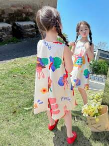 Young Girl Summer Sleeveless Tank Dress With Letter & Cartoon Print For Casual Wear