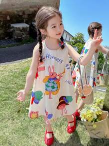 Young Girl Summer Sleeveless Tank Dress With Letter & Cartoon Print For Casual Wear