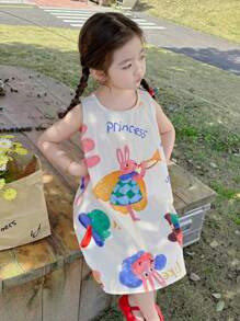 Young Girl Summer Sleeveless Tank Dress With Letter & Cartoon Print For Casual Wear